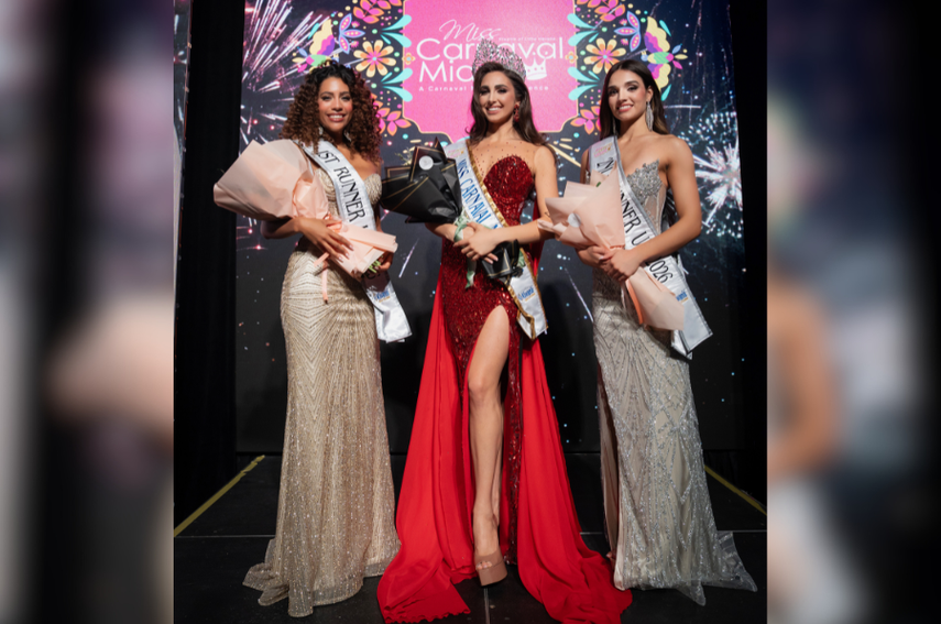 Valeria Guzmán, primera finalista del Miss Carnaval Miami; Fabiana Petruzzi, Miss Carnaval Miami 2025; y Valentina García, segunda finalista del Miss Carnaval Miami. 