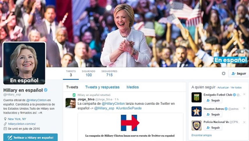 Nueva cuenta de Twitter de la campaña de Hillary Clinton en español. (CAPTURA DE PANTALLA)