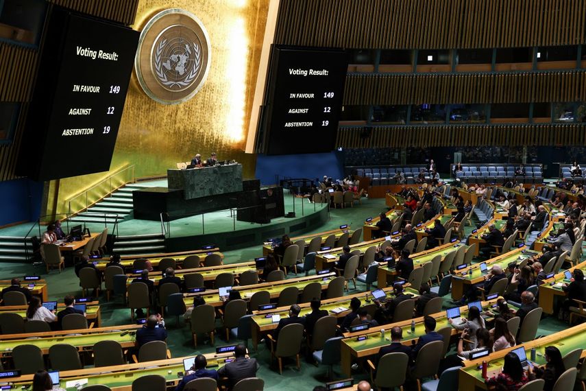 Asamblea General de la ONU votara y aprobara un proyecto de resolución que exigía un alto el fuego inmediato en Gaza en Nueva York el 12 de junio de 2025