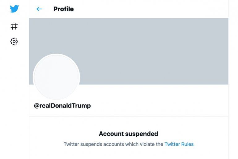 Esta imagen tomada el viernes 9 de enero de 2021 muestra un aviso de suspensiÃ³n en la cuenta de Twitter del presidente Donald Trump.
