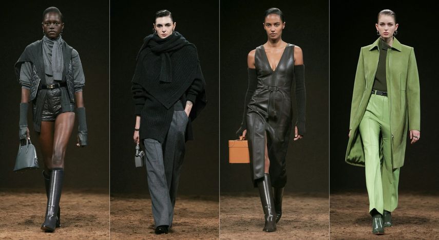 Esta combinación de imágenes creada el 08 de marzo de 2025 muestra a modelos presentando creaciones de Hermès para la colección de prêt-à-porter femenino otoño-invierno 2025/2026 en el marco de la Semana de la Moda de París, en París el 8 de marzo de 2025.&nbsp;