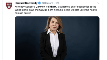 Publicaci&oacute;n en Twitter de Harvard University con el anuncio de la designaci&oacute;n de&nbsp;Carmen&nbsp;Reinhart como nueva&nbsp;economista jefa del Banco Mundial.&nbsp;