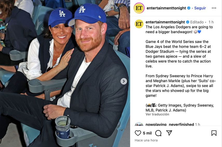 El Duque y la Duquesa de Sussex, quienes residen en California, se sentaron en una de las primeras filas y fueron captados en cámara en varias ocasiones, mostrando su apoyo al equipo local al vestir gorras y ropa alusiva a los Dodgers