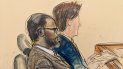 En este boceto realizado a partir de un monitor de video de una sala de tribunal en Brooklyn, el acusado R. Kelly, a la izquierda, durante el día de apertura de su juicio por acusaciones de abuso sexual el miércoles 18 de agosto de 2021 en Nueva York. Un hombre declara que el cantante abusó sexualmente de él. En este boceto realizado a partir de un monitor de video de una sala de tribunal en Brooklyn, el acusado R. Kelly, a la izquierda, durante el día de apertura de su juicio por acusaciones de abuso sexual el miércoles 18 de agosto de 2021 en Nueva York. Un hombre declara que el cantante abusó sexualmente de él.