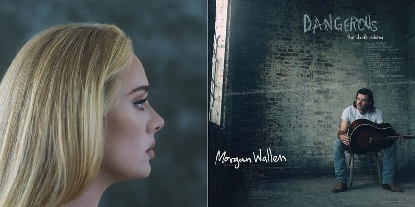 En esta combinación de portadas de álbumes 30 de Adele, izquierda, y Dangerous: The Double Album de Morgan Wallen.&nbsp;
