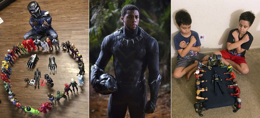 Este collage de fotos muestra a los ni&ntilde;os Gavyn Batiste, de 7 a&ntilde;os, vestido como Black Panther y rodeado de figuras de acci&oacute;n en Lafayette, Luisiana el 31 de agosto de 2020; el actor Chadwick Boseman como el rey TChalla en Black Panther; y los mellizos de 10 a&ntilde;os Lenny y Bobby Homes, quienes rindieron homenaje a Boseman en su casa en Mesa, Arizona el 31 de agosto de 2020.&nbsp;&nbsp;