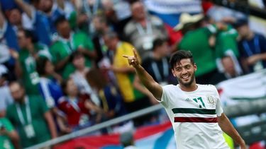 &nbsp;El delantero mexicano Vela celebra tras marcar el 0-1 durante el partido Corea Sur-México, del Grupo F del Mundial de Fútbol de Rusia 2018, en el Rostov Arena de Rostov del Don, Rusia.&nbsp;