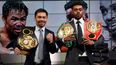 Manny Pacquiao, a la izquierda, y Errol Spence Jr. posan para una foto en una conferencia de prensa en un recinto de Fox Studios en Los Ángeles