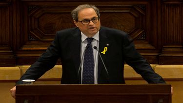El candidato de JxCat a ser investido presidente de la Generalitat,&nbsp;Quim&nbsp;Torra, durante su discurso en el Parlament