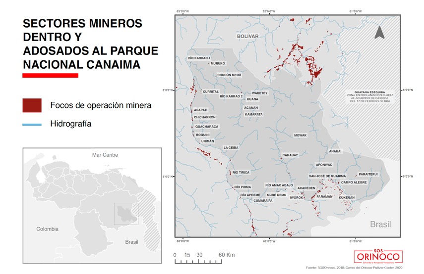 Áreas mineras en el Parque Nacional Canaima, Venezuela, en un gráfico de SOS Orinoco.&nbsp;