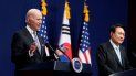 Los presidentes de Estados Unidos Joe Biden (izquierda) y de Corea del Sur Yoon Suk Yeol ofrecen una conferencia de prensa el sábado 21 de mayo de 2022, en Seúl. 