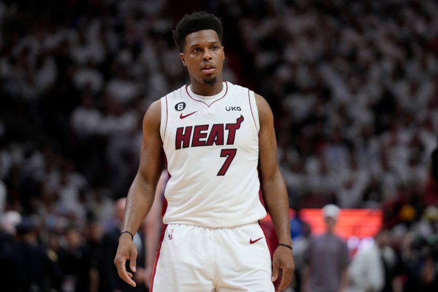 Kyle Lowry, del Heat de Miami, se lamenta durante el tercer partido de las Finales de la NBA ante los Nuggets de Denver, el miércoles 7 de junio de 2023&nbsp;