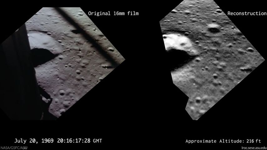 Captura de video que muestra la imagen original de 1969, a la izquierda, y la reconstrucción de la trayectoria hecha por la NASA por el 50 aniversario de la misión de la Apolo 11.