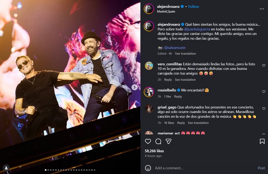 La sorpresa ocurrió hacia el final del concierto, cuando Juan Luis Guerra, acompañado por su inseparable banda 4.40, invitó al escenario a Alejandro Sanz&nbsp;