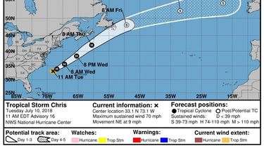 El mapa de los pronósticos de cinco días de la trayectoria de la tormenta tropical&nbsp;Chris&nbsp;en el Océano Atlántico, muestra cómo se está alejando de las costas de EEUU.