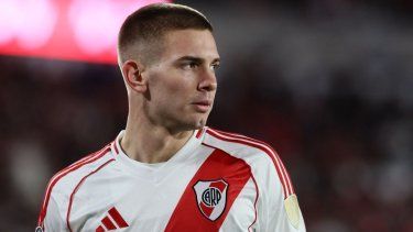 El centrocampista argentino Franco Mastantuono, del River Plate, durante un juego de la Copa Libertadores, el 27 de mayo de 2025.