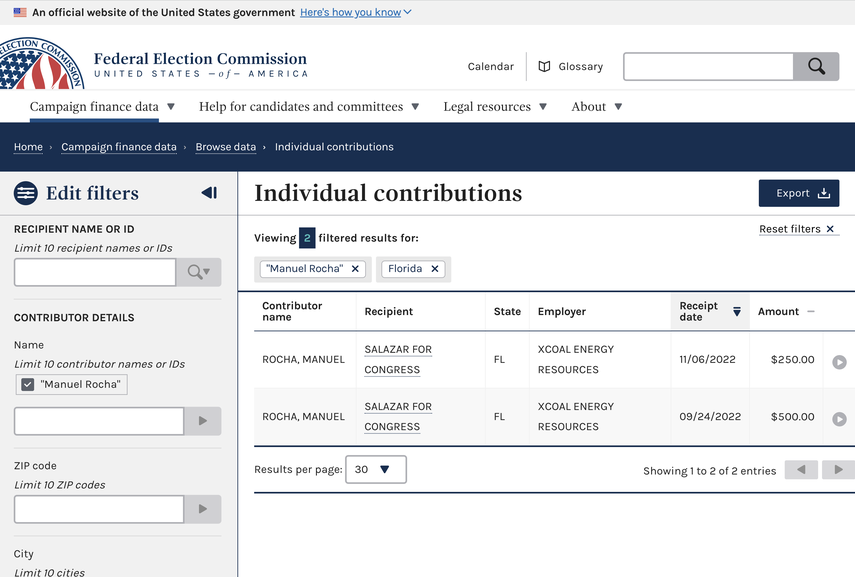Donaciones hechas por Víctor Rocha a la campaña de María Elvira Salazar, en la página de Federal Election Commission de Estados Unidos.&nbsp;