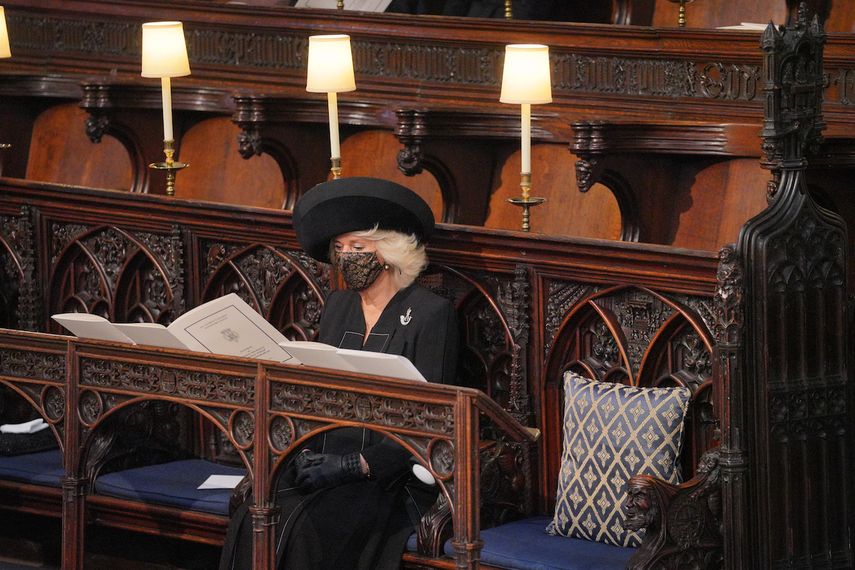 La esposa de príncipe Carlos, Camila Parker, duquesa de Cornwall, en el funeral del príncipe Felipe.&nbsp;