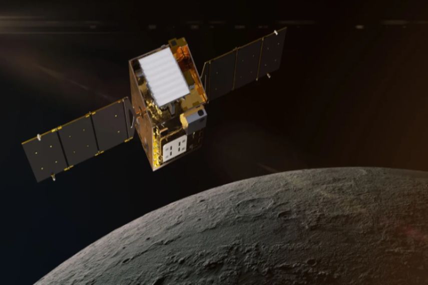 Idea artística QUE muestra el satélite Trailblazer de la NASA en órbita a unos 100 kilómetros de la superficie de la Luna