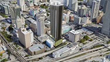Imagen digitalizada de lo que será el edificio Downtown 1st (centro de la foto) en 22 SW 1st Street, el desarrollo multifamiliar más nuevo de la Melo Group en el Distrito Comercial Central (CBD) de Miami.