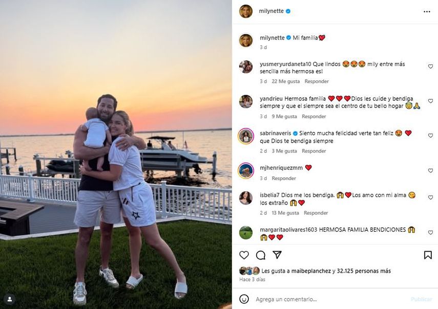 La modelo venezolana Migbelis Castellanos, su esposo Jason Unanue y su hijo Caden.