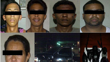 Jean Carlos Colinas Alcalá, de 19 años de edad; Alejandro Jesús (22), Adolfo David Rico (26), Eva Josefina Armas (39) y Leonard Danilo Marcano (32), este último lideraba la banda. (Foto captura de Globovisión)