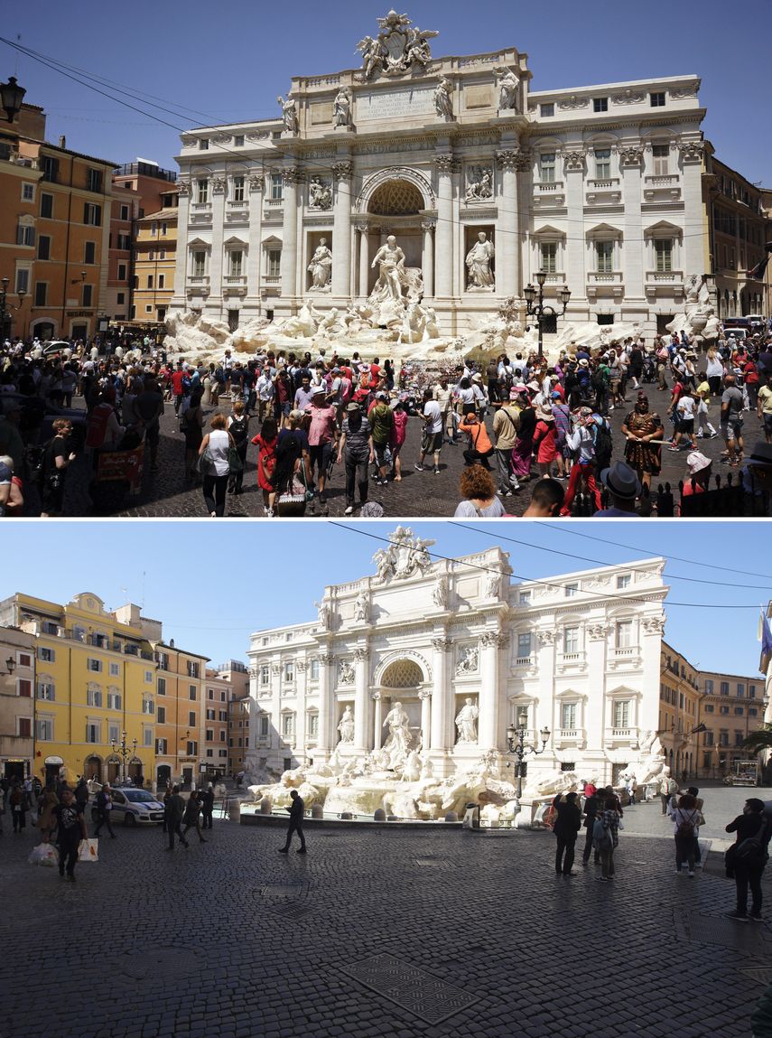 En este collage se aprecia la afluencia de turistas en junio de 2017, comparada con el bajo n&uacute;mero de personas que visitaba el 11 de marzo la Fontana de Trevi, en Roma, Italia.
