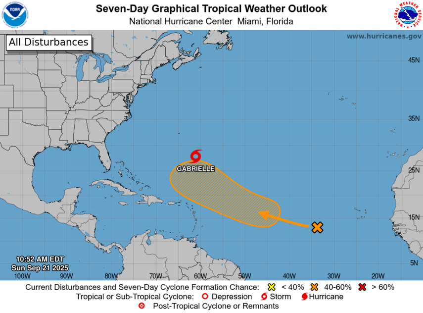 Imagen del Centro Nacional de Huracanes monitoreando la Tormenta Tropical Gabrielle en el Atlántico subtropical central. Fecha: 21 de septiembre 2025.