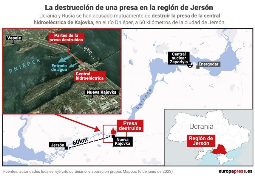 Mapa con la localización de la presa que Ucrania y Rusia se han acusado mutuamente de destruir en el río Dniéper, a 60 kilómetros de la región de Jersón, en la mañana del 6 de junio de 2023 en el contexto de la guerra en el país. &nbsp;