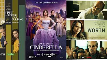 En esta combinación de fotos, el arte promocional de la serie de Hulu Only Murders in the Building, que se estrena el 31 de agosto; la película original de Amazon Cinderella, que debuta el 3 de septiembre; y la película de Netflix Worth, que también llega el 3 de septiembre.&nbsp;