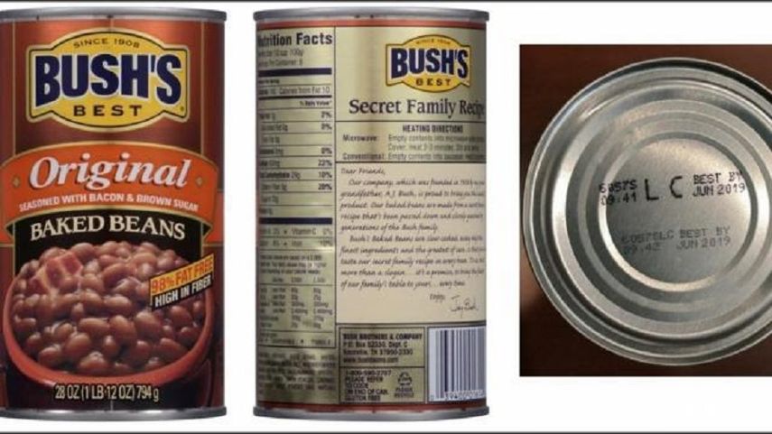 La presentación con defecto es la de las latas de 28 onzas de frijoles al horno Brown Hickory de Bush.