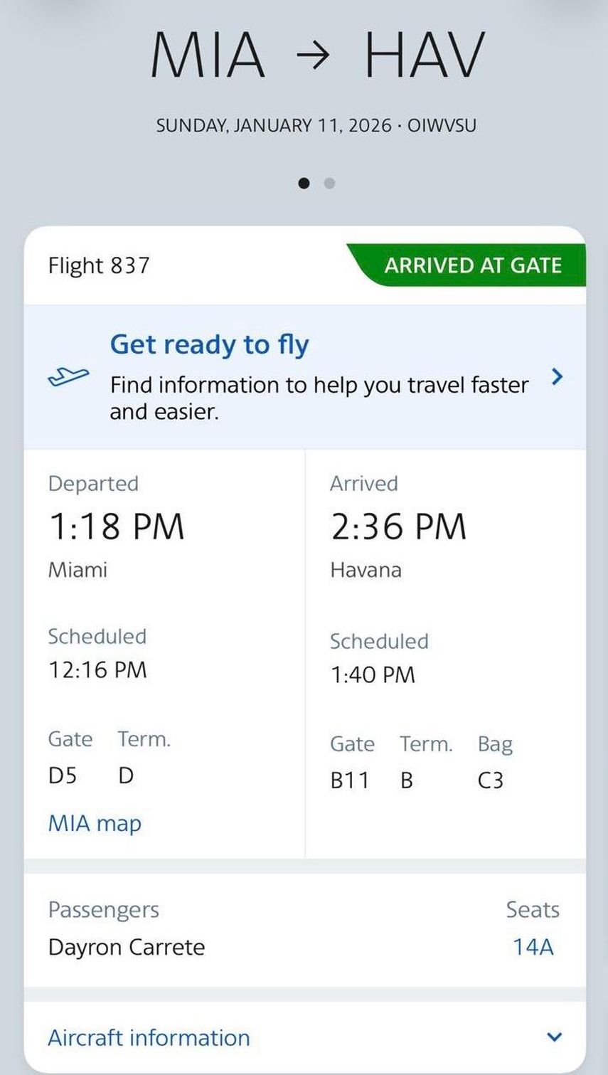 Captura de pantalla con los detalles del vuelo donde ocurrió el incidente.