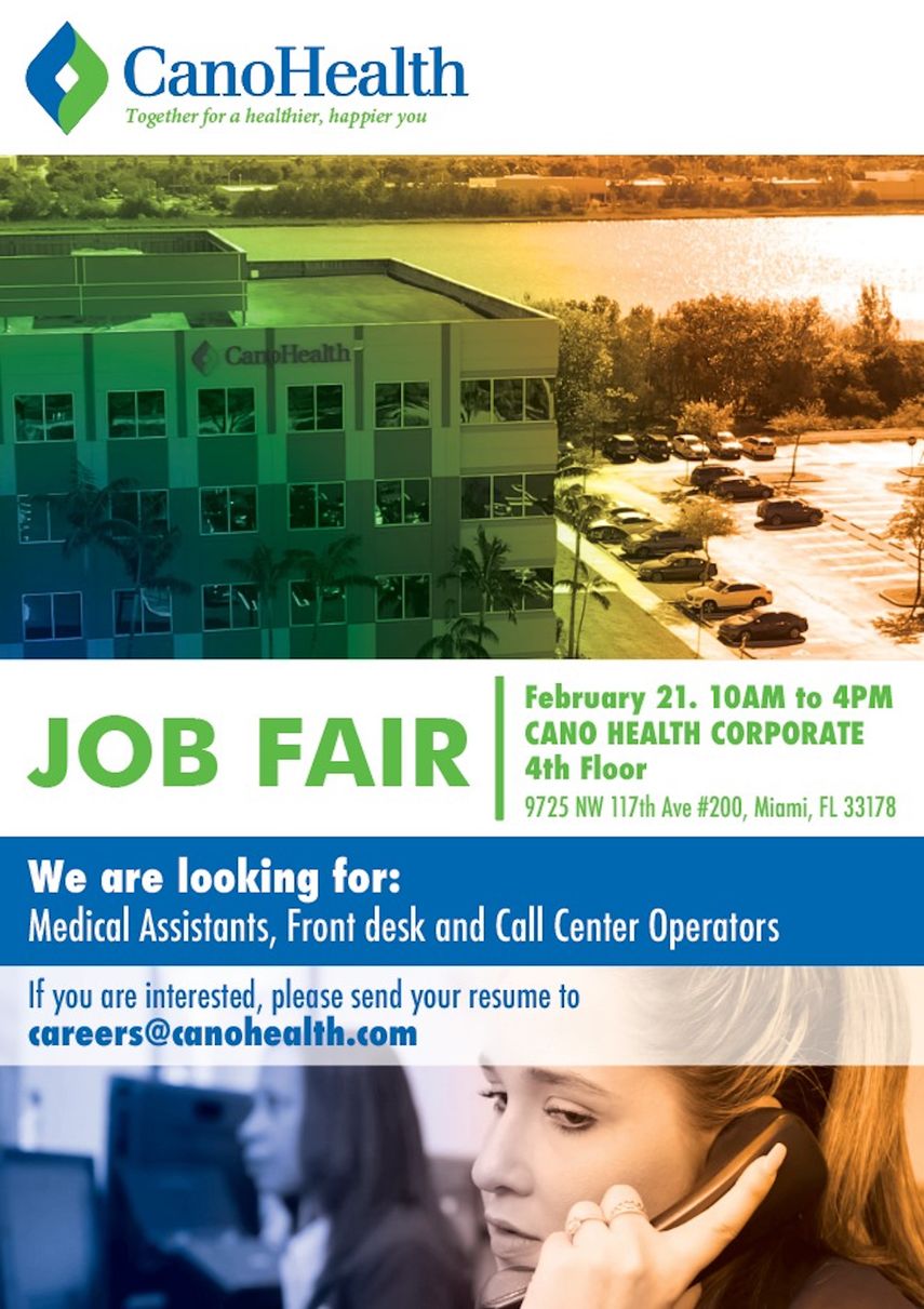 Anuncio de Cano Health sobre la feria de empleo del 21 de febrero.&nbsp;