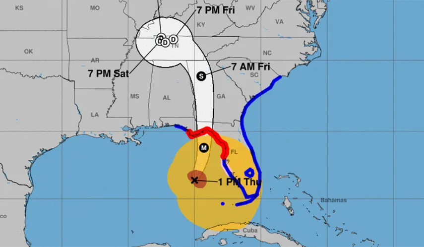 Trayectoria esperada y alcance vientos de huracán Helena, Florida, 26 de sepptiembre de 2024.