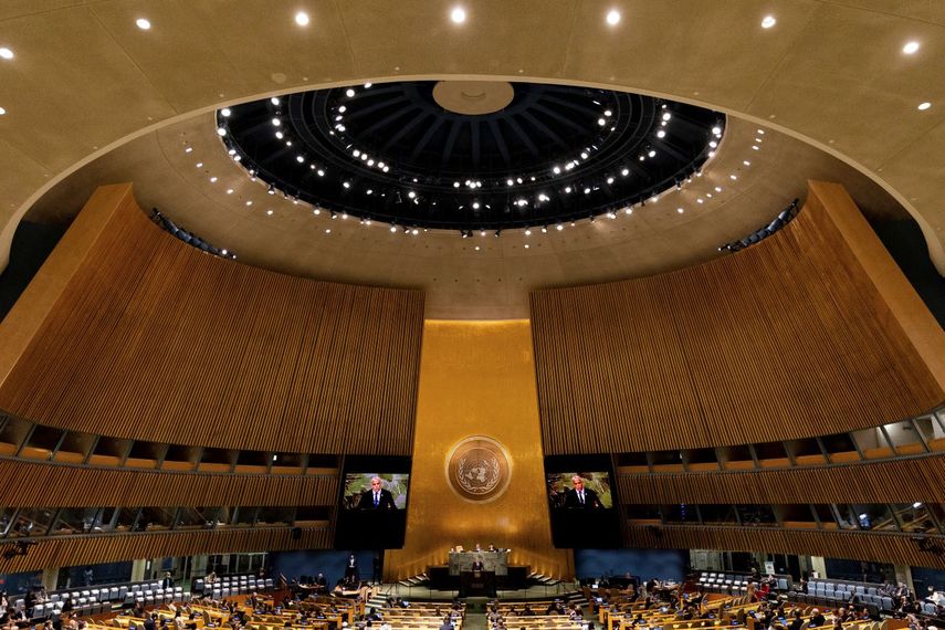 El primer ministro de Israel Yair Lapid se dirige a la 77ma sesión de la Asamblea General de Naciones Unidas, el jueves 22 de septiembre de 2022, en las Naciones Unidas.&nbsp;