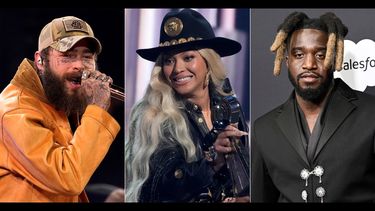 Esta combinación de imágenes muestra a los músicos Post Malone, Beyoncé y Shaboozey.