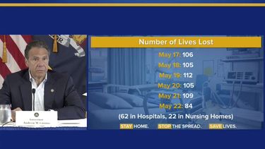 En esta fotografía del 23 de mayo de 2020 tomada de un video proporcionad por la Oficina del Gobernador Andrew M. Cuomo, el gobernador actualiza la información sobre la respuesta ante la pandemia de coronavirus en Nueva York. Horas después de renunciar a la gobernación, Andrew Cuomo sufrió otra derrota cuando la Academia Internacional de Artes y Ciencias de la Televisión anunció el 24 de agosto de 2021 que retiraría el premio especial.