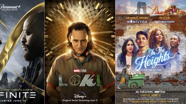 En esta combinación de fotos, el arte promocional de la película Infinite, la serie Loki y la cinta musical In the Heights, que se estrenan esta semana en cine y/o servicios de streaming. (Paramount+/Disney+/HBO Max vía AP)