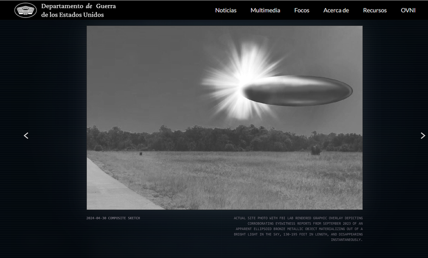 Foto real del sitio con superposición gráfica del laboratorio del FBI que representa los informes de testigos oculares de septiembre de 2023 sobre un objeto metálico de bronce, aparentemente elipsoide, materializándose de una luz brillante en el cielo, de 40 a 60 metros de longitud y que desapareció instantáneamente.&nbsp;
