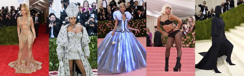 En esta combinación de fotografías, de izquierda a derecha, Beyonce en la Gala del Met el 4 de mayo de 2015, Rihanna en la gala el 7 de mayo de 2018, Zendaya y Lady Gaga en la gala el 6 de mayo de 2019 y Kim Kardashian en la gala el 13 de septiembre de 2021, en Nueva York.&nbsp;