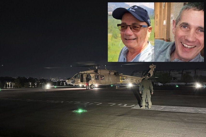 En esta imagen proporcionada por el ejército israelí, un helicóptero de la fuerza aérea israelí con dos rehenes rescatados se ve en el centro médico Sheba en Ramat Gan, Israel, el lunes 12 de febrero de 2024. En el recuerdo dos hombres israelíes-argentinos tomados cautivos por Hamás el 7 de octubre fueron rescatados el lunes.