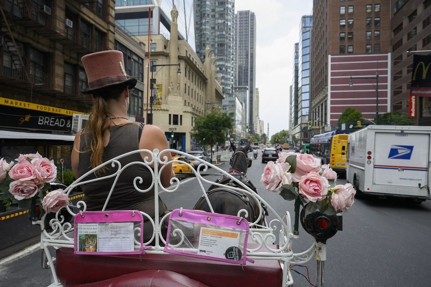 La conductora de un carruaje tirado por caballos, Christina Hansen, recorre el distrito de Manhattan el 26 de agosto de 2022 en la ciudad de Nueva York.&nbsp;
