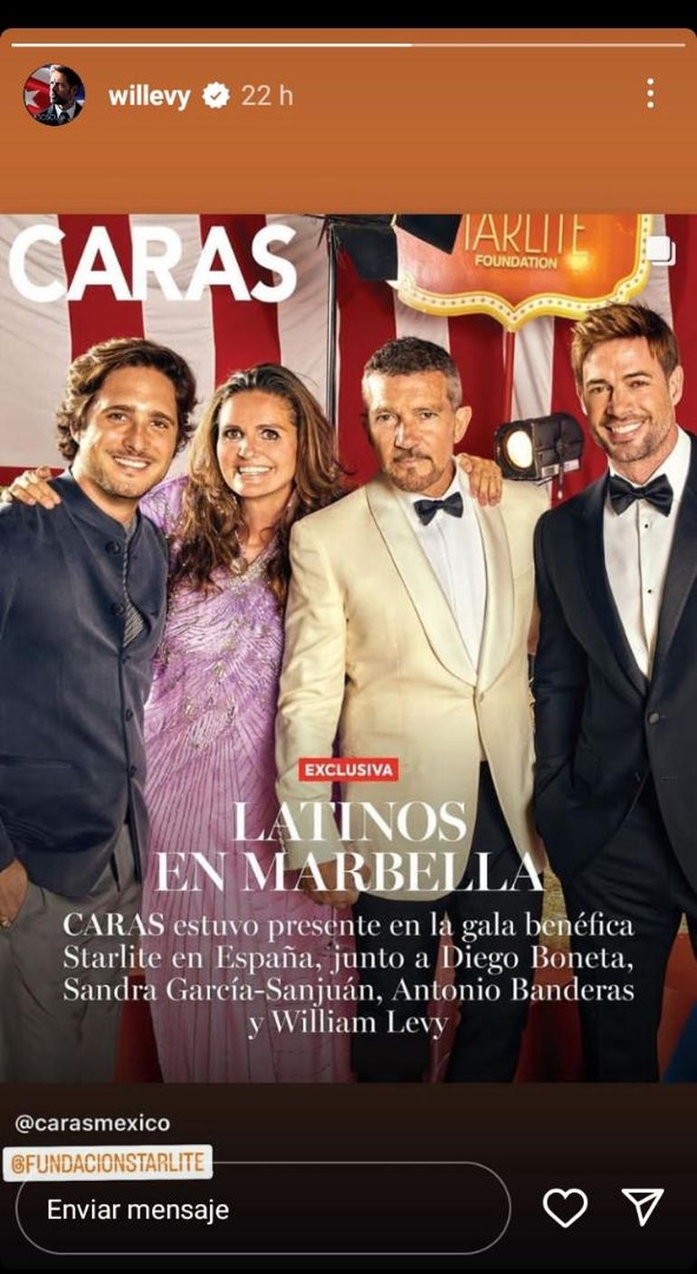 Los actores William Levy, Diego Boneta y Antonio Bandera posan para la revista Caras junto con la fundadora de la Gala Starlite, Sandra García-Sanjuán.