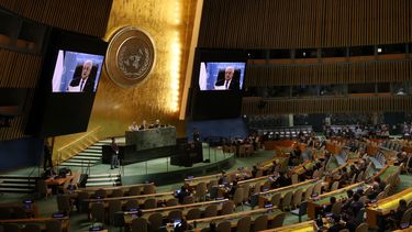 El presidente Mahmoud Abbas de la Autoridad Palestina se dirige a la Asamblea General de las Naciones Unidas (ONU) por video durante la 80ª sesión del evento anual, el 25 de septiembre de 2025 en la ciudad de Nueva York.