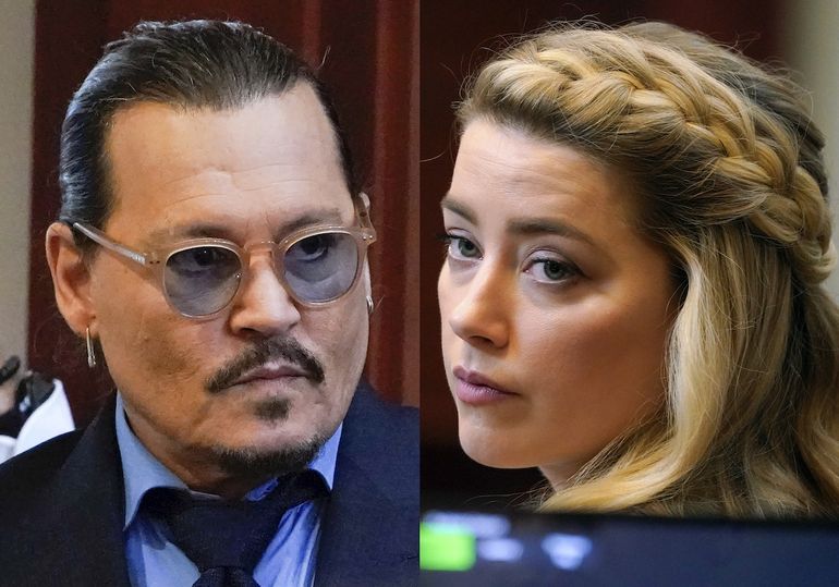 En esta combinación de fotografías el actor Johnny Depp, izquierda, y Amber Heard en la corte durante los argumentos finales del juicio de la demanda por difamación presentada por Depp contra Heard en la Corte de Circuito del Condado de Fairfax en Fairfax, Virginia.