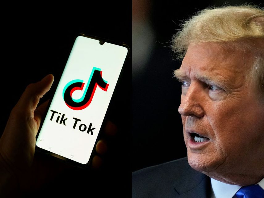 Esta combinación de imágenes creada el 2 de junio de 2024 muestra a un hombre sosteniendo un teléfono inteligente que muestra el logotipo de la plataforma de redes sociales china TikTok en una oficina en París el 19 de abril de 2024 y al presidente electo de Estados Unidos Donald Trump en la ciudad de Nueva York el 30 de mayo de 2024.&nbsp;