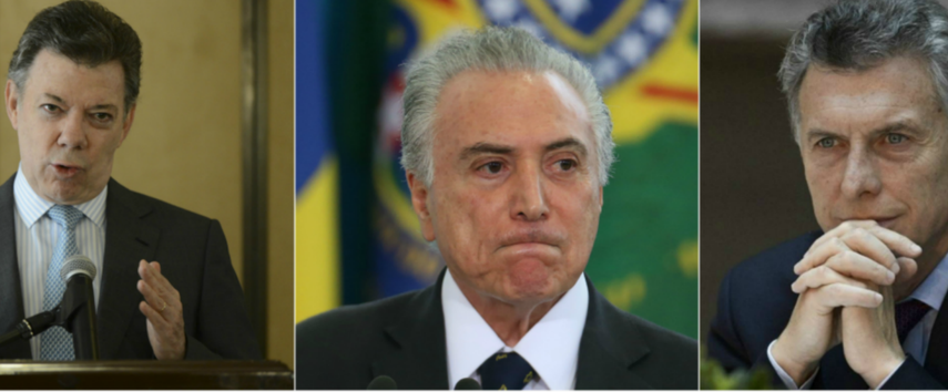 Los mandatarios Juan Manuel Santos (Colombia), Mauricio Macri (Argentina) Michel Temer (Brasil)&nbsp;