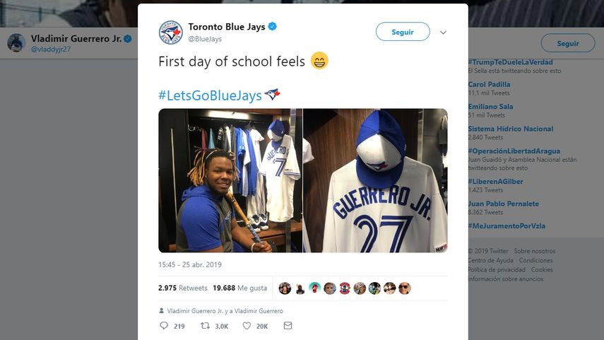 El equipo ya se encargó de darle la bienvenida a su principal promesa y todos dentro de la organización están convencidos que una nueva etapa en la historia del equipo comenzará con la presencia de Guerrero Jr., de 20 años.