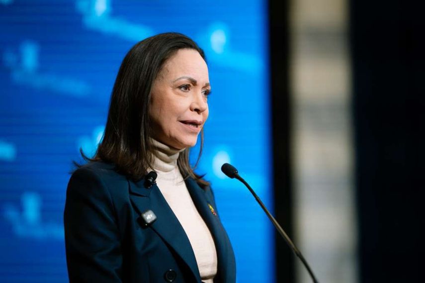 La líder opositora y Premio Nobel de la Paz, María Corina Machado, durante un encuentro con la prensa en la Fundación Heritage, en Washington