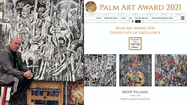 El pintor Freddy Villamil junto a su pieza Cuando los ángeles pintan, una de las obras reconocidas con el Certificado de Excelencia, Palm Art Award, Alemania, 2021.&nbsp;